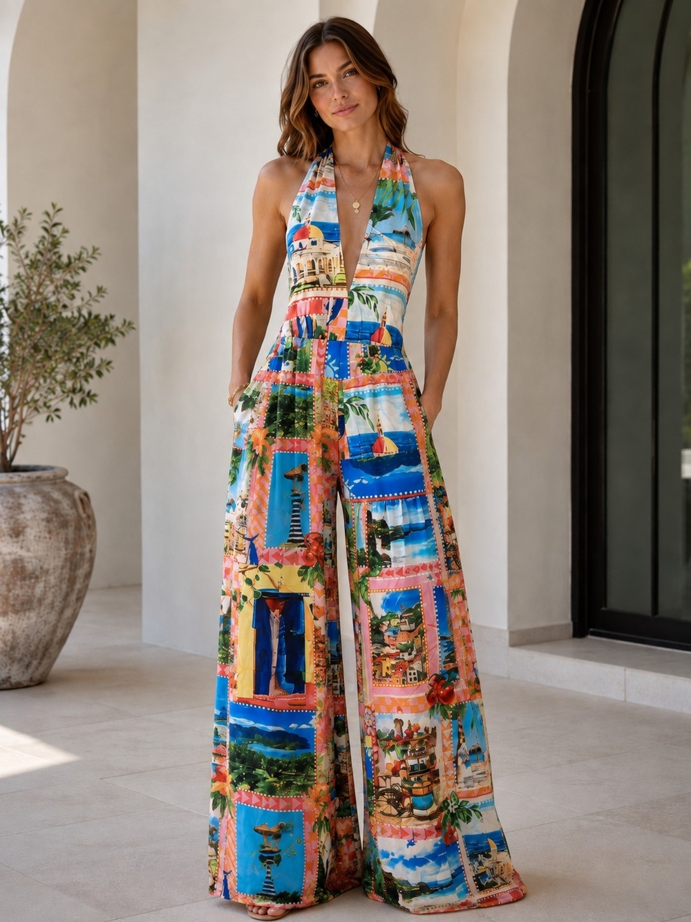 Endless Moon Resort Halter Wide-Leg Jumpsuit in Multi-Color Scenic Print